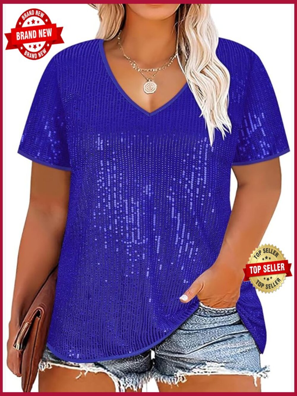 Plus Size Sequin Top Short Sleeve V Neck Party Blouse Sparkly Glitter Tee